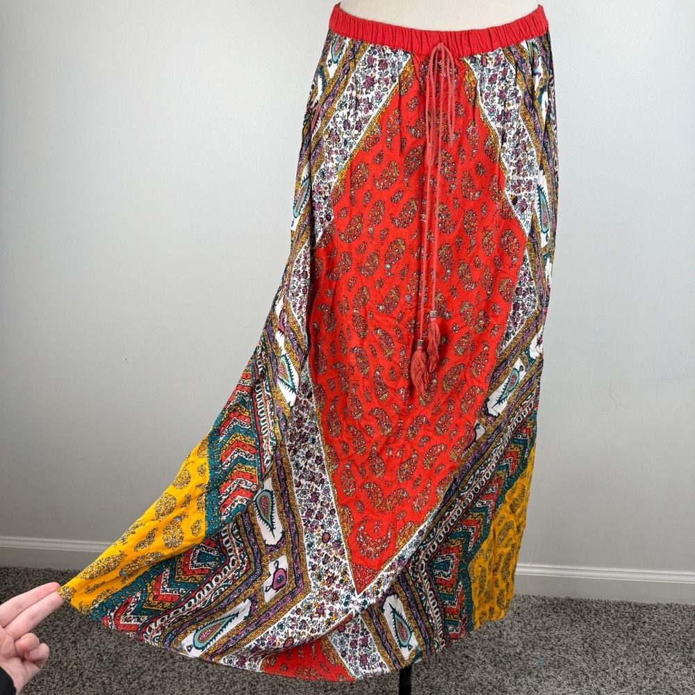 Angie Womens Red Multi Paisley Patchwork Tassel Metal Drawstring Maxi Skirt Boho - Picture 1 of 7